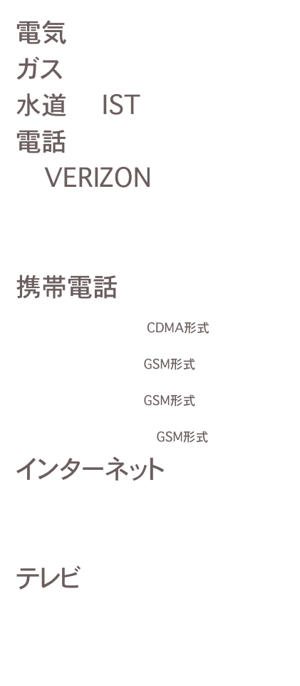 電気     PEPCO
ガス     Washington
水道     IST
電話  
  　 Verizon
    airnex
    Skype
携帯電話
　　　　VERIzon　　　　CDMA形式
　　　　cingular　 GSM形式　
     t-mobile  GSM形式
     sprint　　　　　　GSM形式
インターネット
     Verizon　
  　  comcast
テレビ  
　　　 comcast
